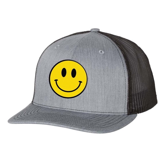 Happy Face Yellow Smile Face Mens Embroidered Mesh Back Trucker Hat, Heather Grey/Black
