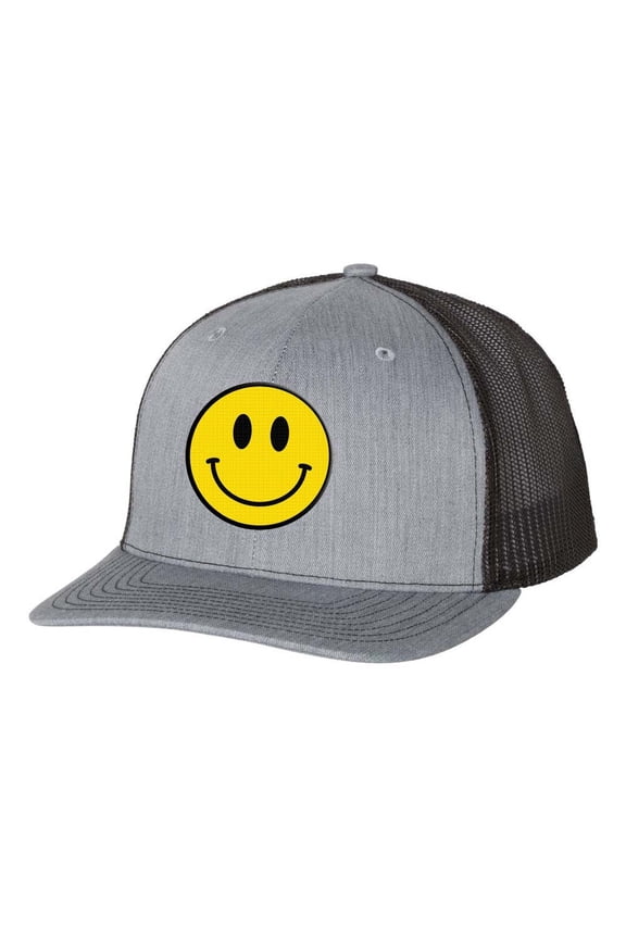 Happy Face Yellow Smile Face Mens Embroidered Mesh Back Trucker Hat, Heather Grey/Black
