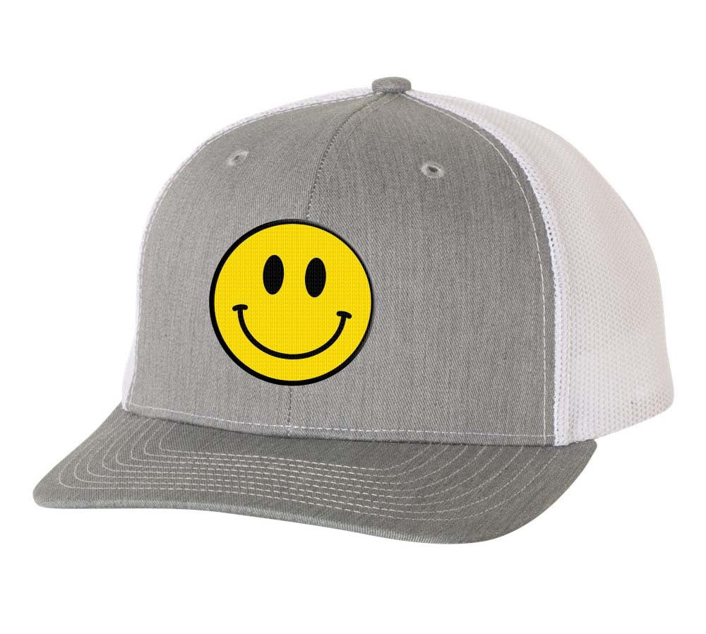 Heritage Pride Happy Face Smile Leather Patch Mens Trucker Hat Baseball  Cap, Silver/White 