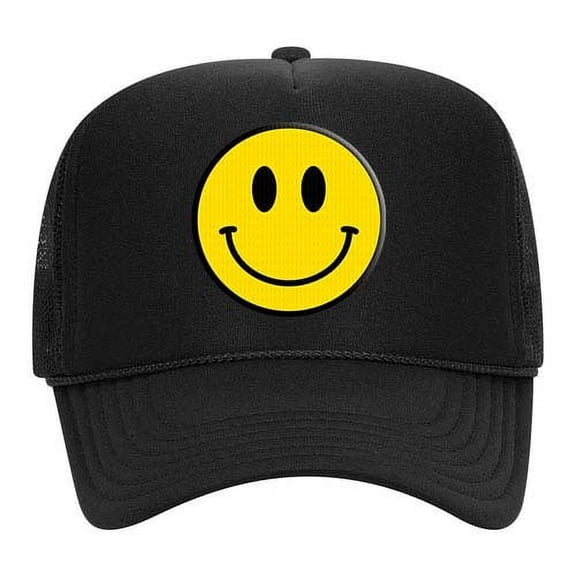 Happy Face Yellow Smile Face Unisex Embroidered Foam Front Mesh Back Trucker Hat, Black