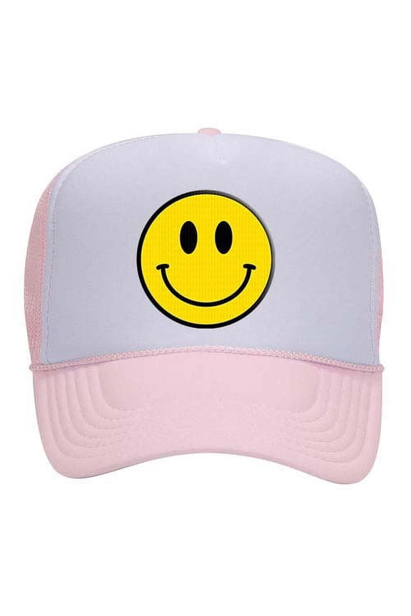 Happy Face Yellow Smile Face Unisex Embroidered Foam Front Mesh Back Trucker Hat, White/Light Pink