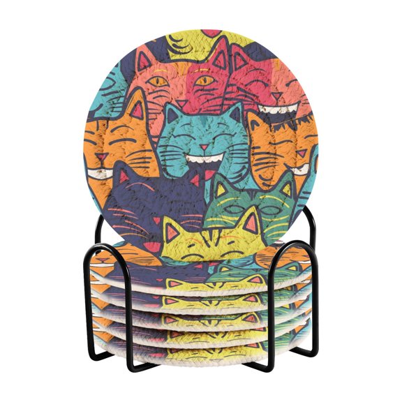 Happy Faces Cats 6 Pcs Drink Coasters with Holder Absorbent Coasters Woven Coasters for Drinks Table Desk Protection Home Decor