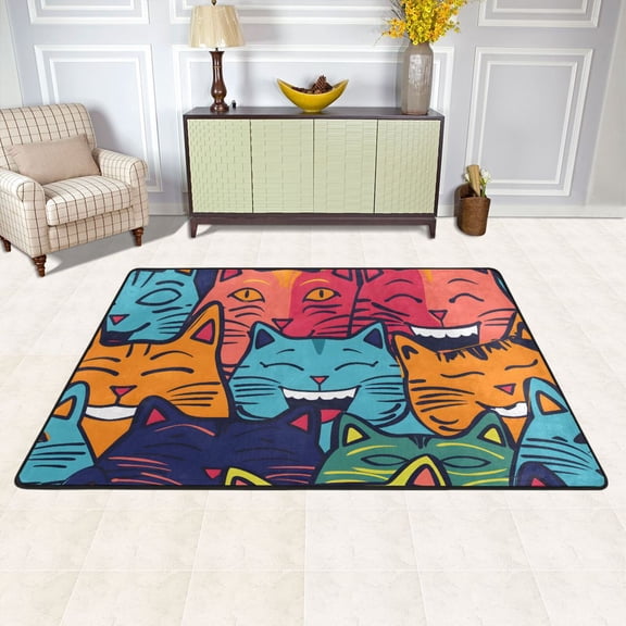 Happy Faces Cats Area Rug Washable 72 x 48 Floor Carpet Mat Non Slip for Bedroom Living Room Kids Room Home Decor