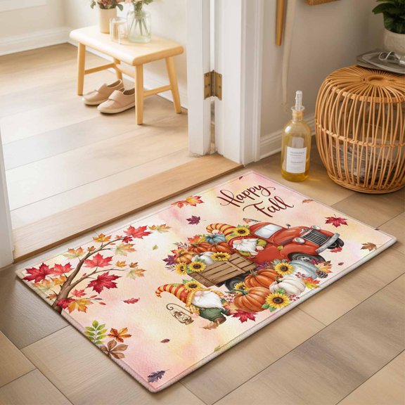 Happy Fall 2'x3' Small Rugs for Entryway Front Door Kitchen Sink Area, Thanksgiving Red Truck Gnome Pumpkin Maple Leaf Pink Soft Sturdy Mats Washable Non Slip Rectangle Area Rug