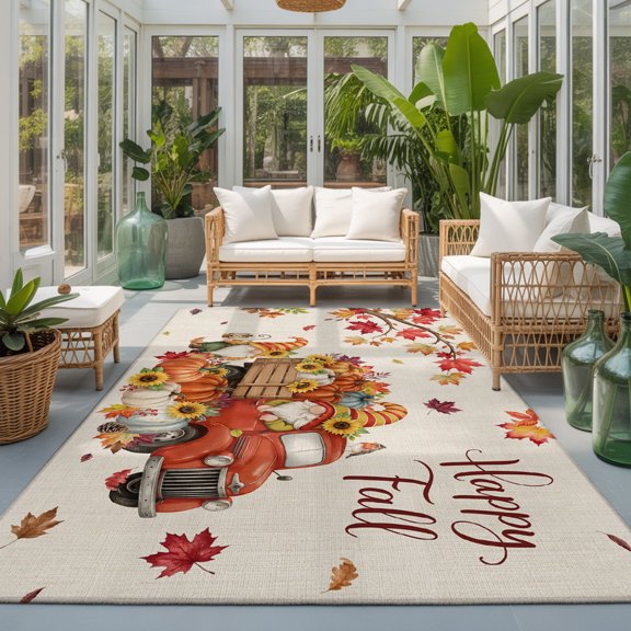 Happy Fall 9'x12' Area Rugs for Living Room Sectional Sofa, Thanksgiving Country Red Truck Gnome Pumpkin Maple Leaf Washable Sturdy Non Slip Soft Sturdy Rectangle Home Area Rug