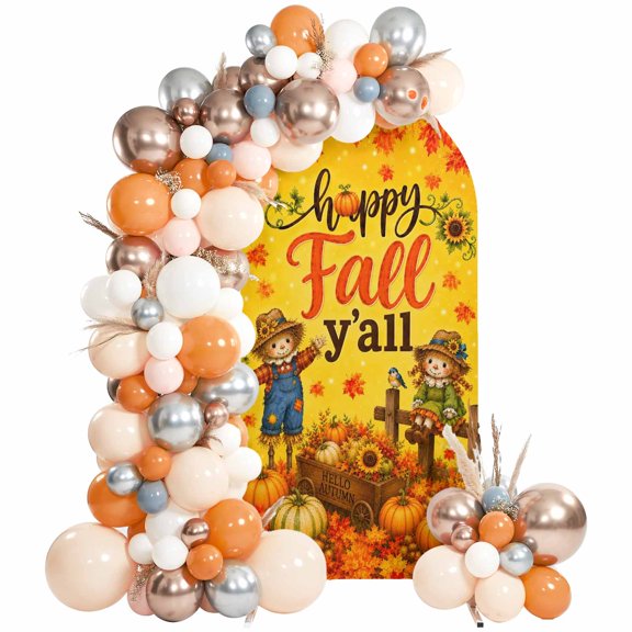 Happy Fall Arch Backdrop Cover 4 FT, Rustic Yellow Scarecrows Corn Sunflowers Pumpkins Country Wedding Arch Cover Stretchy Backdrop Stands Covers for Birthday Party Ceremony Banquet Decor