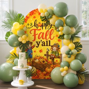 Happy Fall Arch Backdrop Cover, 4FT, Rustic Yellow Scarecrows Corn Sunflowers Pumpkins Country Spandex Arch Covers Double-Sided Backdrop for Wedding Birthday Party Photo Background Decoration