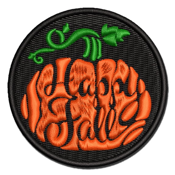 Happy Fall Autumn Harvest Pumpkin with Vine Applique Multi-Color Embroidered Iron-On Patch - 3.5 Inch Large