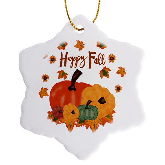 3drose, Happy Fall Autumn Leaves Pumpkins, 3 inch Snowflake Porcelain Ornament