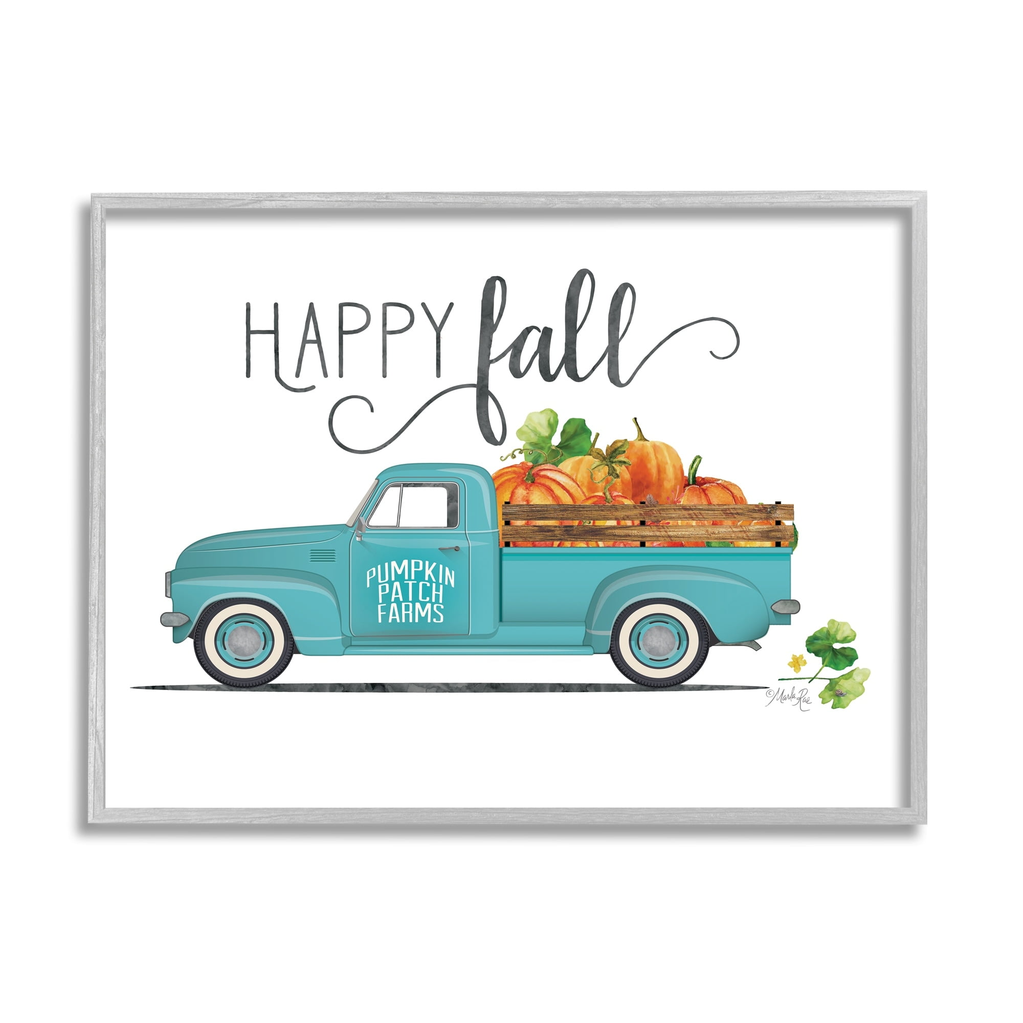 Happy Fall Blue Farm Truck Carrying Pumpkins Transportation Graphic Art Framed Art Print Wall Art