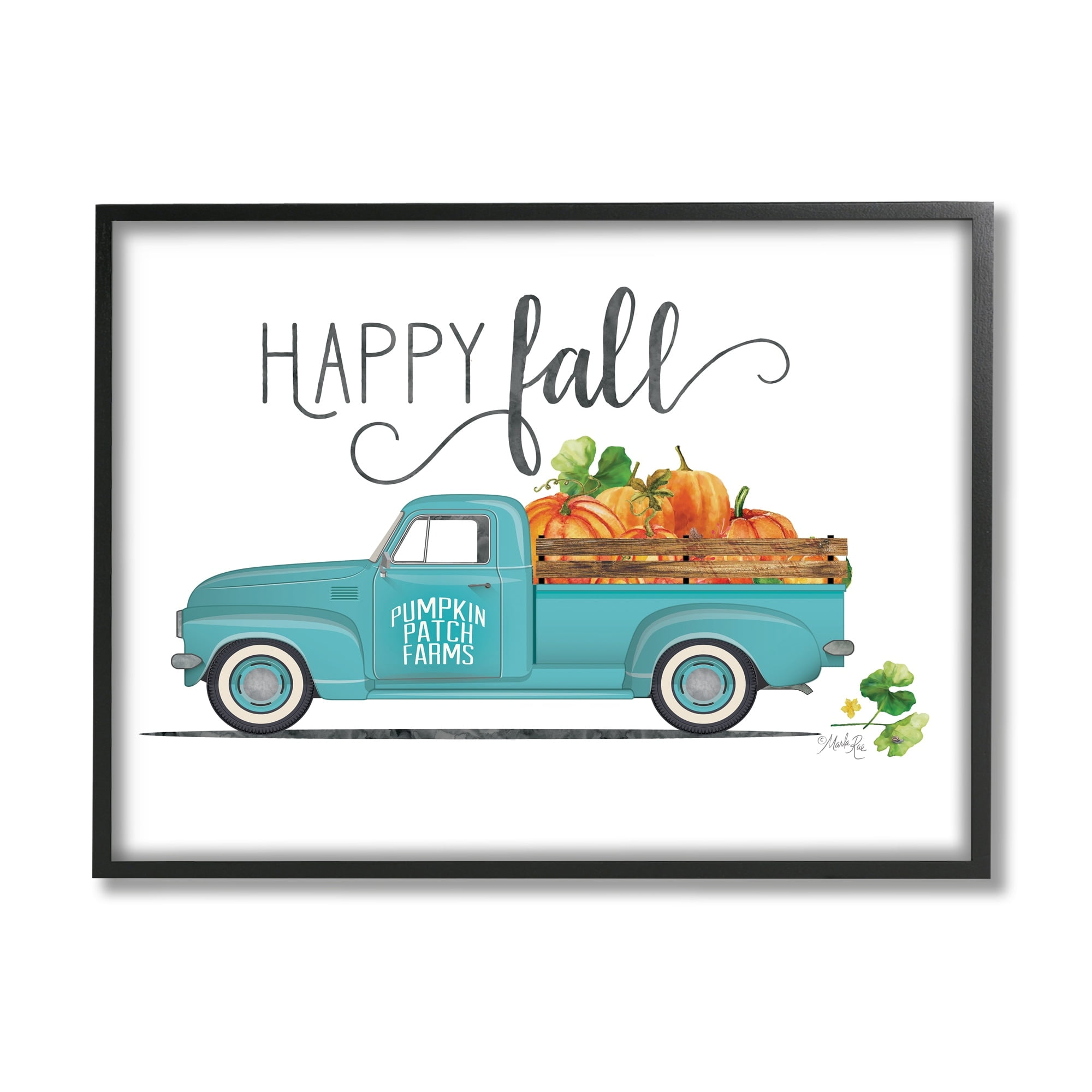 Happy Fall Blue Farm Truck Carrying Pumpkins Transportation Graphic Art Framed Art Print Wall Art