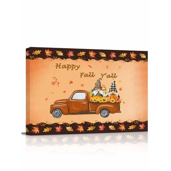 Happy Fall Canvas Print Wall Art Framed Canvas Art Wall Decor Y'all Orange Harvest Autumn Gnome Pumpkin Maple Leaf Pictures Painting Morden Artwork for Living Room Bedroom, Ready to Hang - 12"x16"