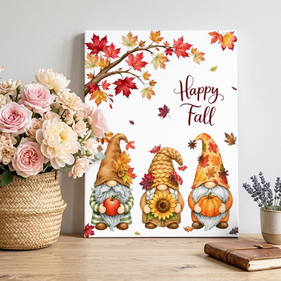 Happy Fall Canvas Wall Art for Living Room, Thanksgiving Country Orange Gnome Red Maple Leaf Tree Poster Print Painting for Bedroom Office Home Decoration Wall Pictures Prepare To Hang 11"x14"