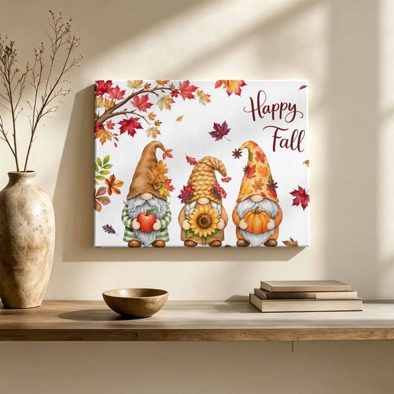 Happy Fall Canvas Wall Art, Thanksgiving Country Orange Gnome Red Maple Leaf Tree Wall Art Prints Artwork Framed Canvas Ready to Hang Art Pictures for Large Dining Living Room Hallway 36" x 24"
