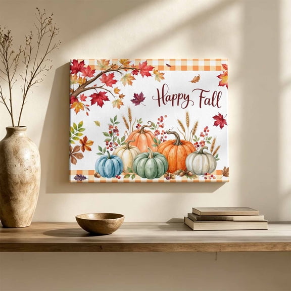Happy Fall Canvas Wall Art, Thanksgiving Pumpkins Maple Leaf Yellow Plaid Wall Art Prints Artwork Framed Canvas Ready to Hang Art Pictures for Large Dining Living Room Hallway 36" x 24"