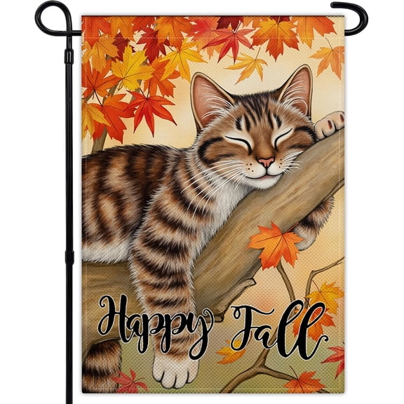 Happy Fall Cat Garden Flags for Outside 12x18 Inch Double Sided Thanksgiving Garden Flag Autumn Flag for Outdoor Lawn Yard Indoor Farmhouse Outside Holiday Decor