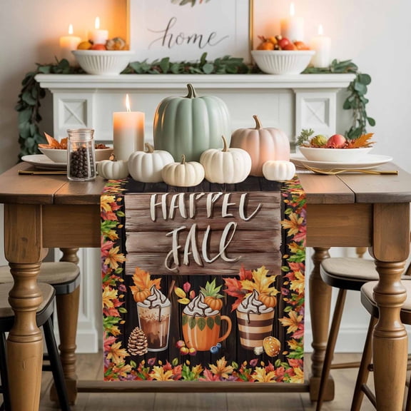 Happy Fall Coffee Table Runner, Autumn Thanksgiving Kitchen Dining Table Decoration for Home Party Decor 13x48 Inches