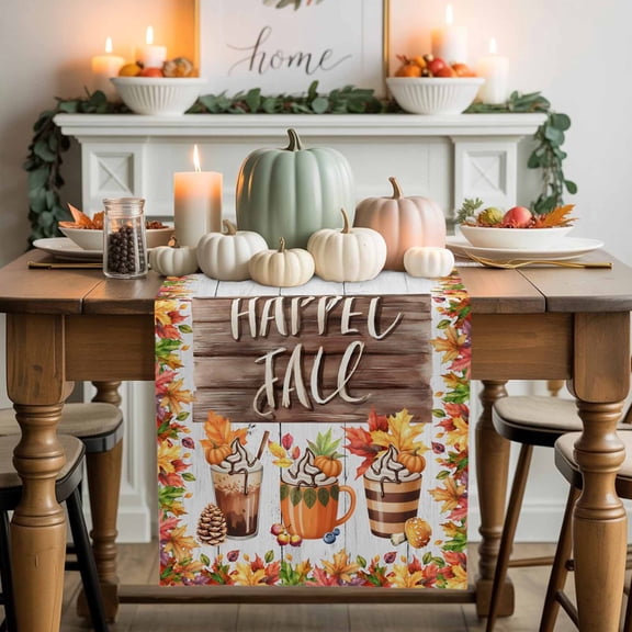 Happy Fall Coffee Table Runner, Autumn Thanksgiving Kitchen Dining Table Decoration for Home Party Decor 13x48 Inches