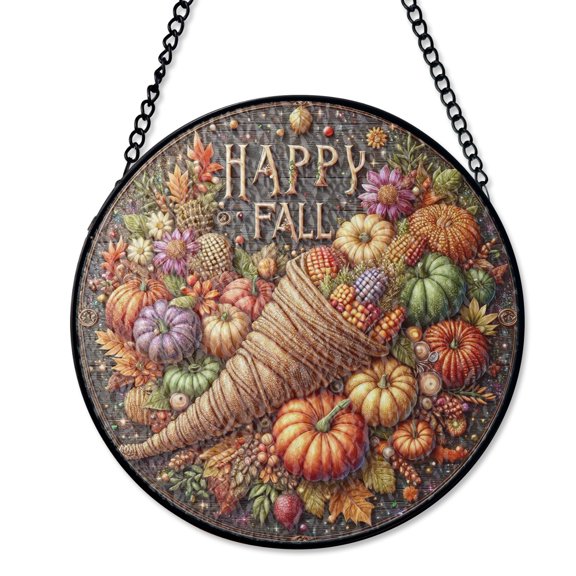 Happy Fall Cornucopia Stained Glass Style Suncatcher, UV Printed Glass, Thanksgiving Abundance Decor, Round