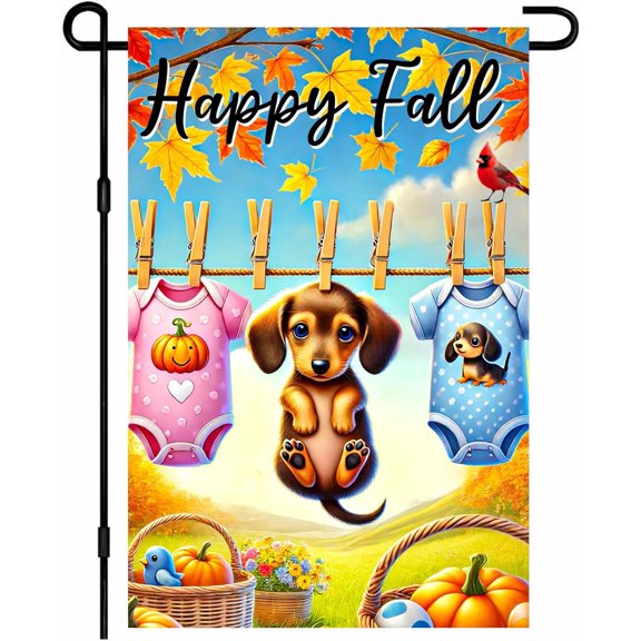Happy Fall Dachshund Garden Flag 12x18 Inch Double Sided Charming Dog Outdoor Yard Decor Patio Accent with Baby Outfits Design for Festive Lawn Ornament Home Decor and Outdoor Accent