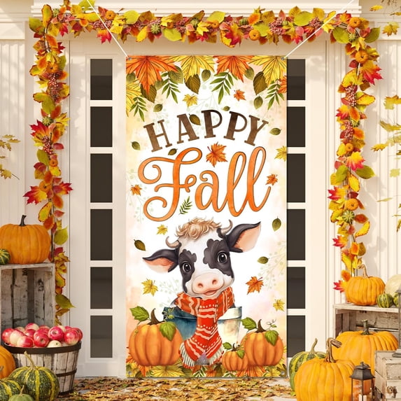 Happy Fall Door Cover Fall Party Decorations Baby Cow with Scarf Fall Festival Decorations Pumpkin Door Banner for Autumn Harvest Thanksgiving Party Supplies