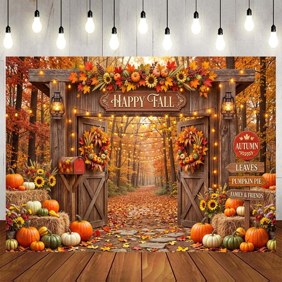 Happy Fall Farm Gate Backdrop Autumn Forest Pumpkin Harvest Photography Background for Thanksgiving, Friendsgiving, Birthday & Holiday Party Decor 6X4ft