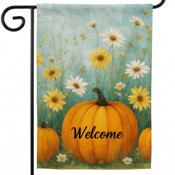 Happy Fall Flag 28 x 40 A painting of pumpkins and daisies in a field of flowers Outdoor Decor