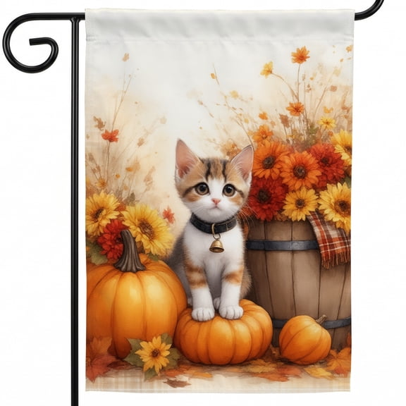 Happy Fall Flag 28x40 A kitten sitting on top of a pile of pumpkins Outdoor Garden Flags