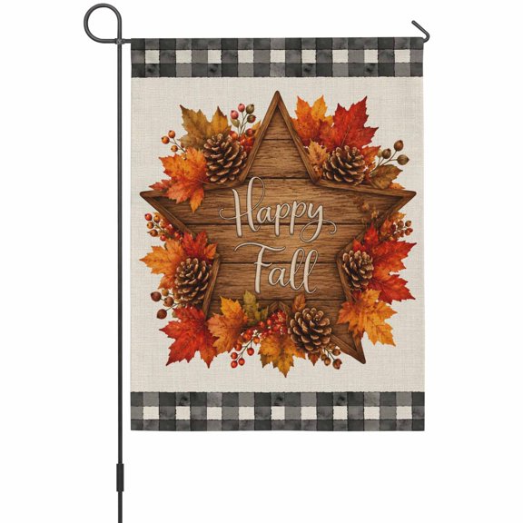 Happy Fall Garden Flag 12 x 18 Inches, Rustic Country Star Maple Leaf Pinecone Gingham Border Weather Proof Outdoor Patio Flags Double Sided Small Garden Decoration for Yard Outside Home