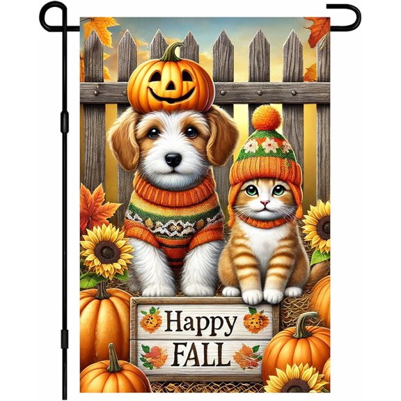Happy Fall Garden Flag Autumn Garden Flags 12x18 Inch Fall Garden Flag Harvest Decorative Yard Banner Puppy Kitten Pumpkins Sunflowers Double Sided Seasonal Outdoor Decor for Lawn Patio