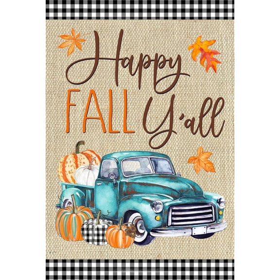 Happy Fall Garden Flag Blue Truck Pumpkins Yard Flags for Outside 12x18 Inch Double Sided Buffalo Plaid Thanksgiving Autumn Harvest Outdoor Decoration Front Door Home Decor