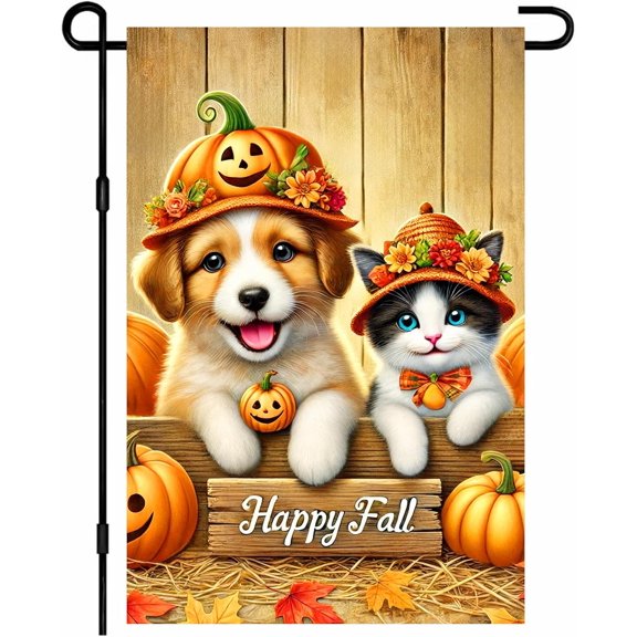 Happy Fall Garden Flag Cute Puppy Kitten Wearing Pumpkin Hat Flag 12x18 Inch Double Sided Outdoor Banner for Front Yard Porch Lawn Patio Seasonal Home Decor Autumn Decoration