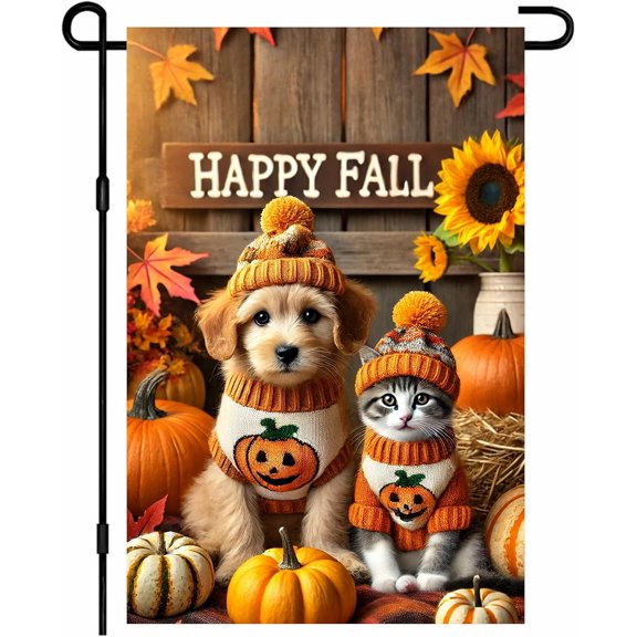Happy Fall Garden Flag Puppy Kitten In Pumpkin Sweaters Flag 12x18 Inch Double Sided Outdoor Yard Decoration For Porch Lawn Patio Seasonal Home Accent Autumn Welcome Decor