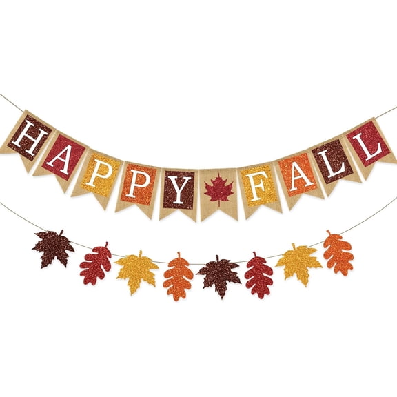 Happy Fall Glitter Maple Leaf Burlap Banner, Rustic Jute Pennant Garland for Autumn Harvest Thanksgiving Farmhouse Mantel Decorations