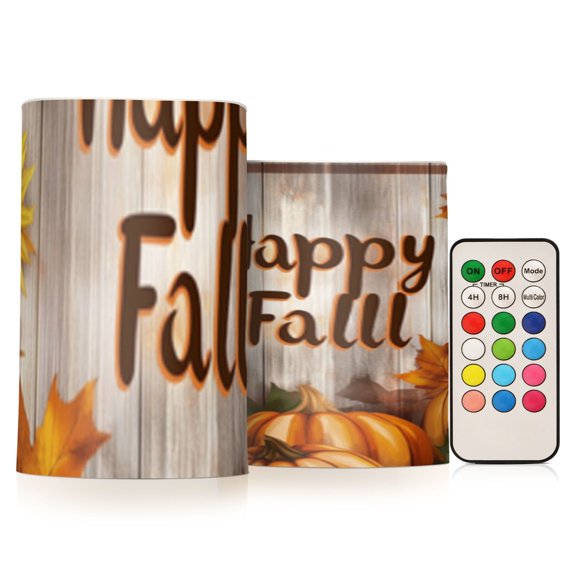 Happy Fall Greeting Card Flickering Flameless Candles Battery Operated with Remote Timer LED Pillar Candles Set of 2