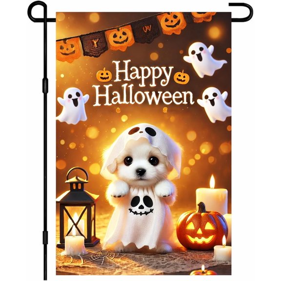 Happy Fall Halloween Garden Flag 12x18 Inch Ghost Puppy Yard Banner Double Sided Festival Outdoor Decoration with Pumpkins and Ghosts for Yard Lawn Porch House Seasonal Flags Outdoor Decor
