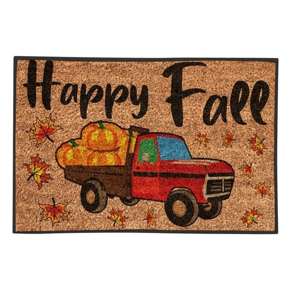 Happy Fall Harvest Coir Doormat, 23.62" X 15.74" Vintage Front Door Welcome Mat with Pumpkin Truck, Dirt Trapping Entry Rug, Non-Slip Iutdoor Floor Mat, Fall Pumpkin Maple Leaf Porch Decor Mat
