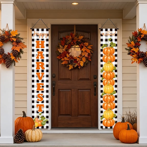 Happy Fall Harvest Porch Banner Set, 1 Pair Buffalo Plaid Vertical Decorative Couplets With Turkey Pattern, Polyester Hanging Sign for Front Door Porch Indoor Outdoor Thanksgiving Home Decoration
