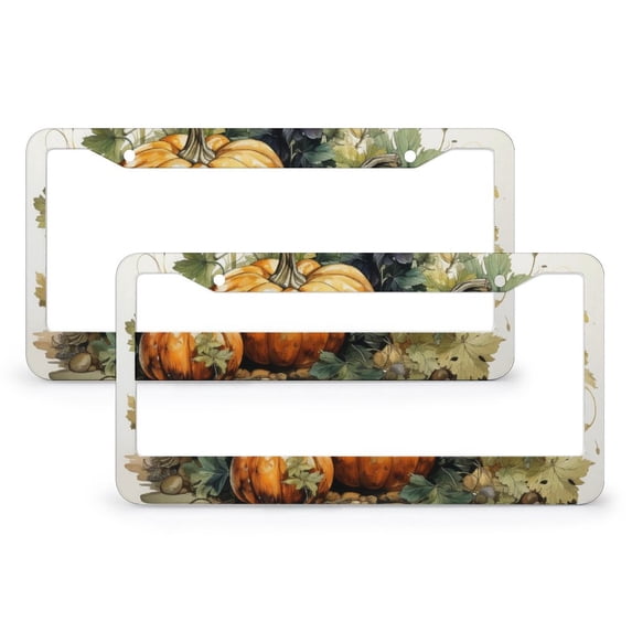 Happy Fall Harvest Pumpkin License Plate Frames 2 Pack Autumn Thanksgiving Pumpkin Auto Decorative Frames Cars Protector Cover Holder for Us Standard Vehicles 2 Round Holes Metal License Plate Cover