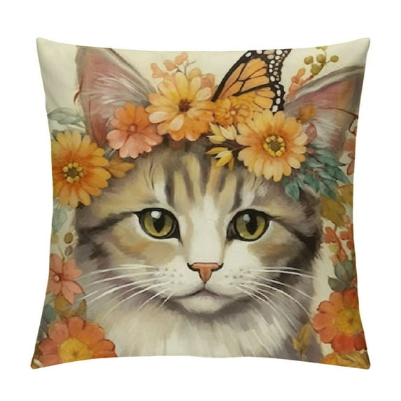 Happy Fall Hello Pumpkin Cat Decorative Throw Pillow Cover, Autumn Sunflower Flower Kitty Orange Porch Outdoor Home Decor, Kitten Maple Leaves Farmhouse Couch Cushion Case