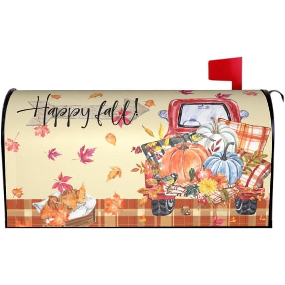 Happy Fall Mailbox Cover Autumn Leaf Magnetic Mailbox Covers Plaid Pumpkin and Fall Leaf Mailbox Covers Fall Leaf Thanksgiving Large Post Letter Box Covers Garden Yard Home Decor for Outside 21" x18"