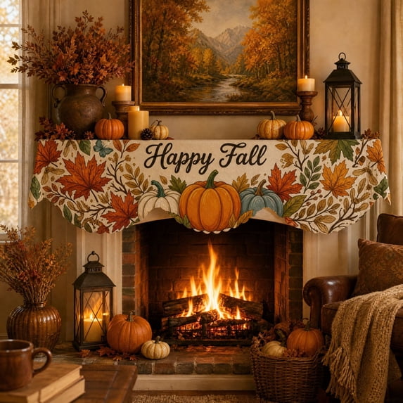 Happy Fall Mantel Valance, Pumpkin Maple Leaf Fireplace Scarf Thanksgiving Autumn Home Decoration