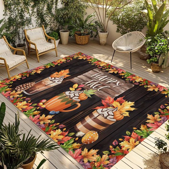 Happy Fall Maple Outdoor Rug 3x5 Ft - Reversible Patio Rug Outdoor Camping Rugs, Thanksgiving Pumpkins Latte Farmhouse Wood Indoor Outdoor Area Rugs, Non-Slip Outdoor Carpet Runner for Deck/Porch