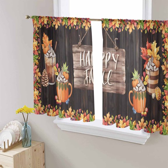 Happy Fall Maple Sheer Curtains 54 Inches Length 2 Panels Set, Window Sheer Curtains for Living Room/Bedroom, Thanksgiving Pumpkins Latte Farmhouse Wood Light Filtering Rod Pocket Curtain 52''x54''x2