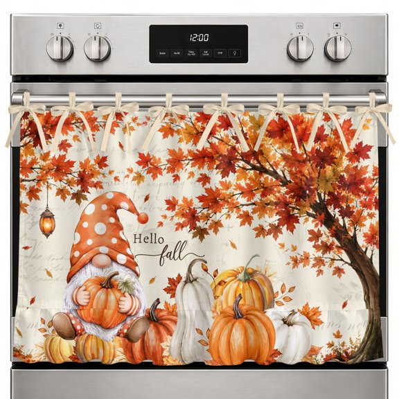 Happy Fall Maple Tree Oven Curtain with Tie Top, Thanksgiving Gnome Pumpkin Red Maple Leaf Oven Skirt Curtains with Tie Top Cabinet Cover Curtain for Small Kitchen Apartment Decor 27 x 20 Inches