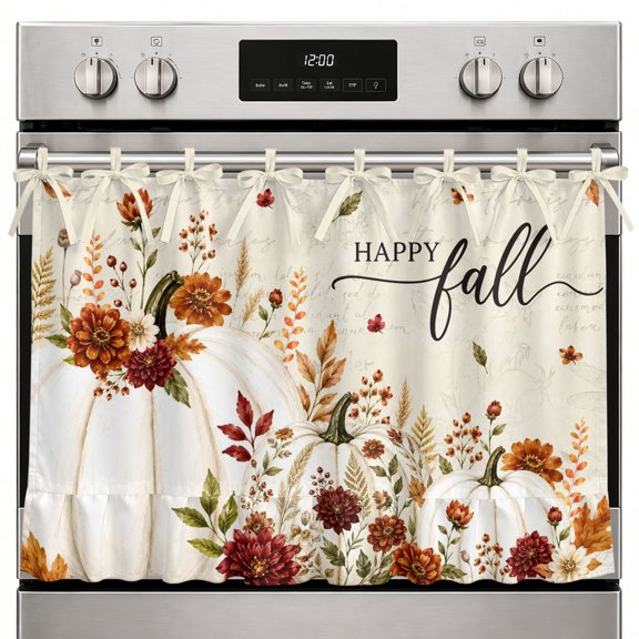 Happy Fall Oven Curtain with Tie Top, Autumn White Pumpkins Harvest Flowers Leaves Vintage Oven Skirt Curtains with Tie Top Cabinet Cover Curtain for Small Kitchen Apartment Decor 27 x 20 Inches