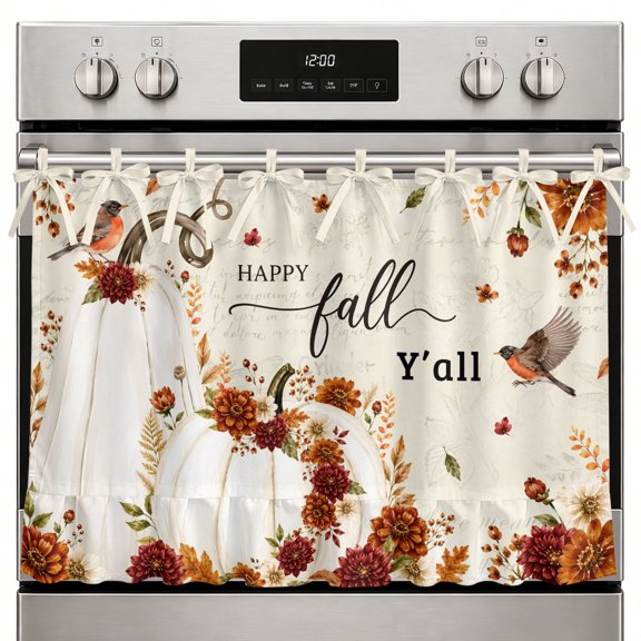 Happy Fall Oven Curtain with Tie Top, Thanksgiving Country White Pumpkin Red Flowers Birds Leaf Oven Skirt Curtains with Tie Top Cabinet Cover Curtain for Small Kitchen Apartment Decor 27 x 20 Inches
