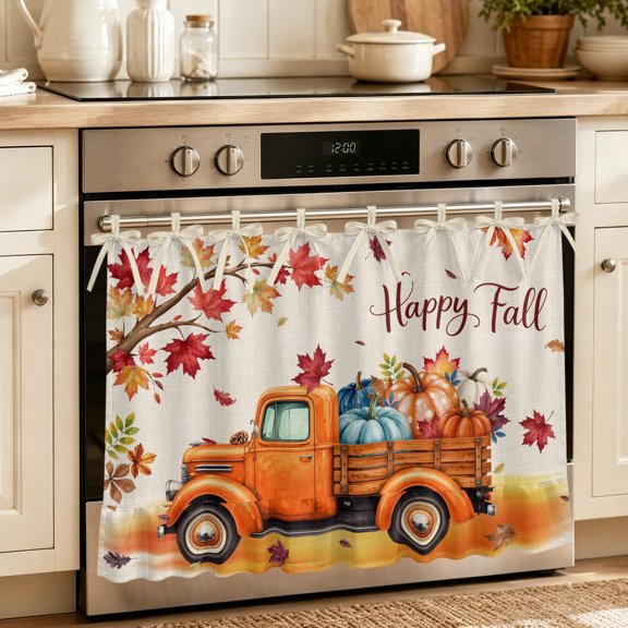Happy Fall Oven Skirt for Farmhouse Kitchen Décor, Orange Truck Maple Branch Thanksgiving Rustic Oven Curtain Tie Top Stove Skirt, Cabinet Dish Washer Curtains with 8 Ribbon Ties 30"x21.5"