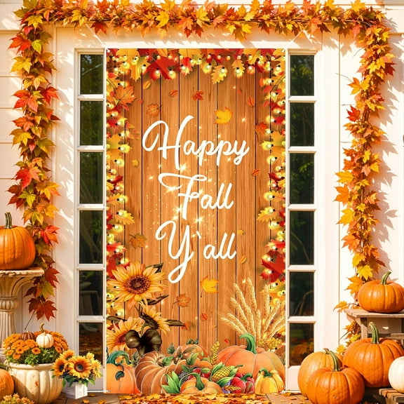 Happy Fall Party Door Decorations Banner, Happy Fall Y''all Door Cover Banner Autumn Harvest Porch Banner Maple Leaves Pumpkin Porch Cover for Thanksgiving Autumn Harvest Holiday Party Decor