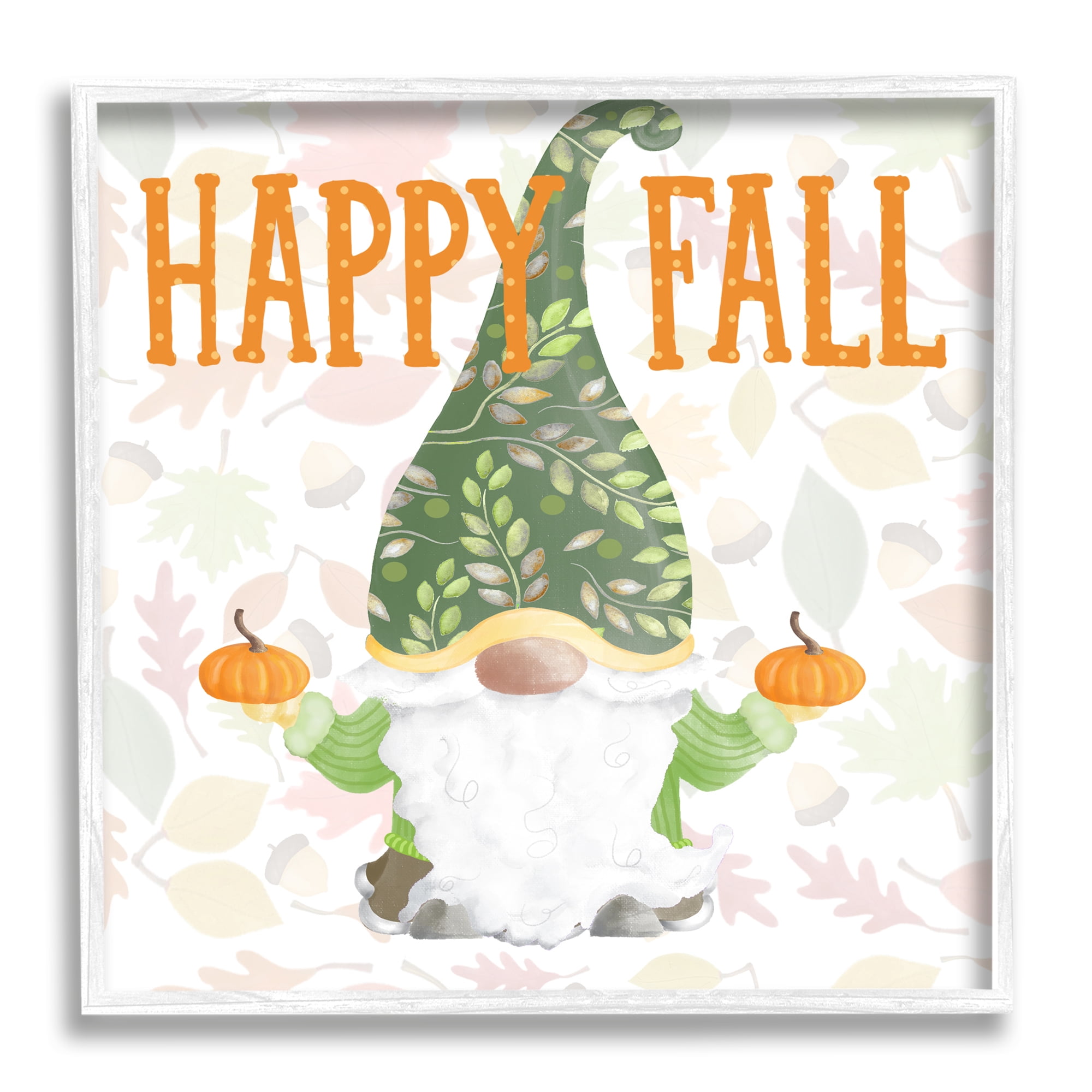 Happy Fall Patterned Gnome Holding Orange Pumpkins Inspirational Graphic Art Framed Art Print Wall Art